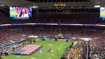 Chiefs fans take over at the end of Demi Lovato's rendition of the national anthem.