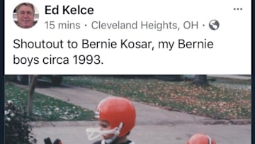 Ed Kelce reveals a photo of his sons Travis and Jason sporting Bernie Kosar gear. 