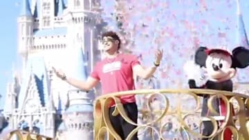 Kansas City Chiefs QB Patrick Mahomes celebrates at Disney World after Super Bowl LIV victory.