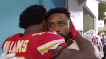 Kansas City Chiefs RB Damien Williams embraced San Francisco 49ers' Raheem Mostert after Super Bowl