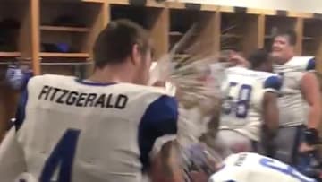 St. Louis BattleHawks shotgun spiked seltzer after their XFL win