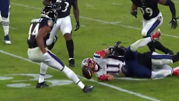 Julian Edelman fumbles on reception, leading to Ravens 70 yard touchdown on Sunday.