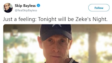 Skip Bayless tweets sensual photo of him wearing an Ezekiel Elliott jersey on Sunday.