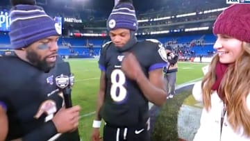 Mark Ingram literally took the mic away from Erin Andrews to interview/hype up Lamar Jackson.