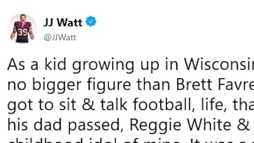 JJ Watt tweeted out a tribute to his childhood idol, Brett Favre, after meeting him.