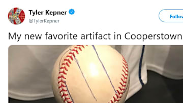 Roy Halladay's baseball with Mariano Rivera's cutter grip is officially a part of Cooperstown.
