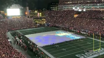 Rob Gronkowski caps off banner raising with signature spike in pre game ceremony. 