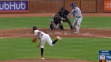 Randal Grichuk hits a go-ahead grand slam in ninth inning against the Orioles on Wednesday.