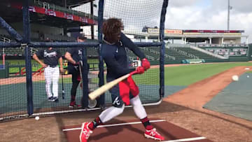 Atlanta Braves OF Ronald Acuña Jr. takes batting practice at spring training.
