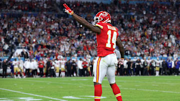 Chiefs receiver Sammy Watkins motions for a first down during the Super Bowl against the 49ers.