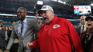 Andy Reid celebrating after capturing his first Super Bowl as an NFL head coach