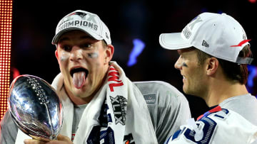 Rob Gronkowski and Tom Brady after winning Super Bowl XLIX with the New England Patriots