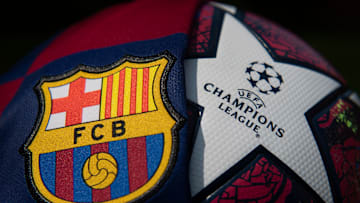 The FC Barcelona Club Badge and UEFA Champions League Ball