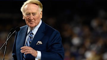 Legendary MLB broadcaster Vin Scully at Dodger Stadium in Los Angeles
