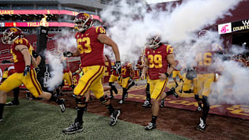 USC football players at the Coliseum.