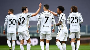 Weston McKennie (2nd from R) of Juventus FC celebrates with...