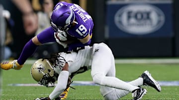Vikings WR Adam Thielen moments before he fumbled against the Saints. 
