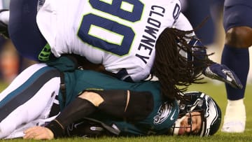 Seattle Seahawks DE Jadeveon Clowney hits Philadelphia Eagles QB Carson Wentz