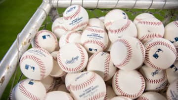 MIAMI, FL - MARCH 28: A detailed view of the MLB batting practice baseballs prior to the Opening Day game between the Miami Marlins and the Colorado Rockies at Marlins Park on March 28, 2019 in Miami, Florida. (Photo by Mark Brown/Getty Images)