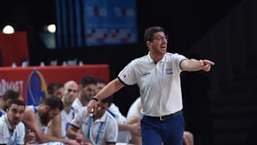 Greece's head coach Fotis Katsikaris gives instructions during the classification basketball match between Greece and Latvia at the EuroBasket 2015 in Lille, northern France, on September 17, 2015. AFP PHOTO / PHILIPPE HUGUEN (Photo credit should read PHILIPPE HUGUEN/AFP/Getty Images)