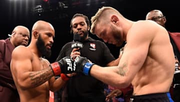 LAS VEGAS, NV - DECEMBER 03: (L-R) Opponents Demetrious Johnson and Timothy Elliott face off before their flyweight championship bout during The Ultimate Fighter Finale event inside the Pearl concert theater at the Palms Resort
