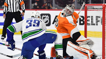 Oct 15, 2021; Philadelphia, Pennsylvania, USA; Philadelphia Flyers goaltender Carter Hart (79) makes a save against Vancouver Canucks right wing Alex Chiasson (39) during the second period at Wells Fargo Center. Mandatory Credit: Eric Hartline-USA TODAY Sports