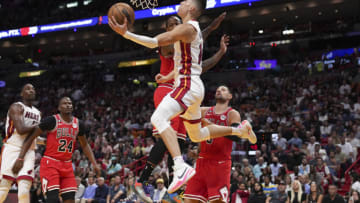 Tyler Herro #14 of the Miami Heat shoots a reverse layup during the first half against the Chicago Bulls(Photo by Eric Espada/Getty Images)
