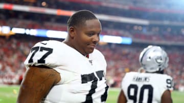 Aug 15, 2019; Glendale, AZ, USA; Oakland Raiders tackle Trent Brown (77) during a preseason game against the Arizona Cardinals at State Farm Stadium. Mandatory Credit: Mark J. Rebilas-USA TODAY Sports