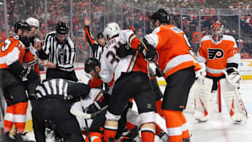 PHILADELPHIA, PA - DECEMBER 17: A scrum ensues in the third period at an NHL game between the Philadelphia Flyers and the Anaheim Ducks on December 17, 2019 at the Wells Fargo Center in Philadelphia, Pennsylvania. (Photo by Len Redkoles/NHLI via Getty Images)