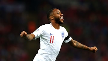 LONDON, ENGLAND - MARCH 22: Raheem Sterling of England celebrates as he scores his team's fourth goal and completes his hat trick during the 2020 UEFA European Championships Group A qualifying match between England and Czech Republic at Wembley Stadium on March 22, 2019 in London, United Kingdom.. (Photo by Clive Rose/Getty Images)