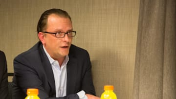 BOISE, ID - MARCH 24: Utah Jazz Assistant General Manager Justin Zanik answers a question at a press conference announcing the purchase of the D-League's Idaho Stampede by the Utah Jazz on March 24, 2015 at the Grove Hotel in Boise, Idaho. Copyright 2015 NBAE (Photo by Otto Kitsinger/NBAE via Getty Images)