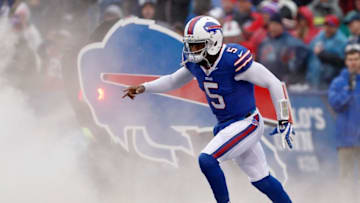 Dec 27, 2015; Orchard Park, NY, USA; Buffalo Bills quarterback Tyrod Taylor (5) before a game against the Dallas Cowboys at Ralph Wilson Stadium. Mandatory Credit: Timothy T. Ludwig-USA TODAY Sports