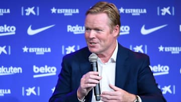 Barcelona's new Dutch coach Ronald Koeman speaks during his official presentation at the Camp Nou stadium in Barcelona on August 19, 2020. - Crisis-hit Barcelona hailed the "return of a legend" as the Spanish giants today officially named Ronald Koeman as their new coach until 2022. (Photo by Josep LAGO / AFP) (Photo by JOSEP LAGO/AFP via Getty Images)