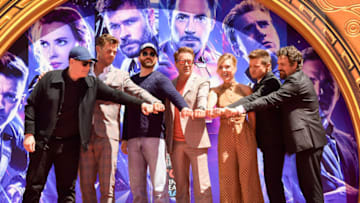 HOLLYWOOD, CALIFORNIA - APRIL 23: President of Marvel Studios/Producer Kevin Feige, Chris Hemsworth, Chris Evans, Robert Downey Jr., Scarlett Johansson, Mark Ruffalo, and Jeremy Renner attends the Marvel Studios' 'Avengers: Endgame' cast place their hand prints in cement at TCL Chinese Theatre IMAX Forecourt at TCL Chinese Theatre IMAX on April 23, 2019 in Hollywood, California. (Photo by Matt Winkelmeyer/Getty Images)