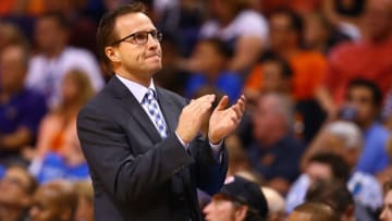 Mar 29, 2015; Phoenix, AZ, USA; Oklahoma City Thunder head coach Scott Brooks reacts in the first half against the Phoenix Suns at US Airways Center. The Thunder defeated the Suns 109-97. Mandatory Credit: Mark J. Rebilas-USA TODAY Sports