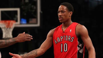 Apr 27, 2014; Brooklyn, NY, USA; Toronto Raptors guard DeMar DeRozan (10) against the Brooklyn Nets during the second quarter in game four of the first round of the 2014 NBA Playoffs at Barclays Center. Mandatory Credit: Adam Hunger-USA TODAY Sports
