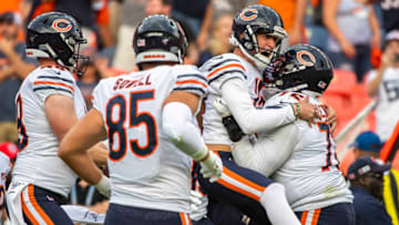 DENVER, CO - SEPTEMBER 15: Eddy Pineiro #15 of the Chicago Bears, center-right, celebrates with teammates after making the game-winning field goal against the Denver Broncos at Empower Field at Mile High on September 15, 2019 in Denver, Colorado. (Photo by Timothy Nwachukwu/Getty Images)