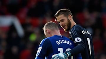 MANCHESTER, ENGLAND - SEPTEMBER 17: Wayne Rooney of Everton and David De Gea of Manchester United speak as they walk off for half time during the Premier League match between Manchester United and Everton at Old Trafford on September 17, 2017 in Manchester, England. (Photo by Stu Forster/Getty Images)