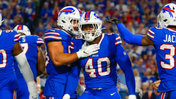 Sep 19, 2022; Orchard Park, New York, USA; Buffalo Bills linebacker Von Miller (40) and Buffalo Bills linebacker Matt Milano (58) react to making a play during the first half against the Tennessee Titans at Highmark Stadium. Mandatory Credit: Gregory Fisher-USA TODAY Sports