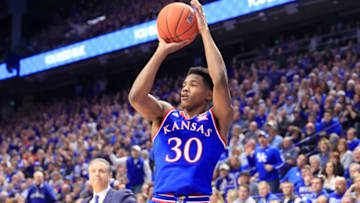 LEXINGTON, KENTUCKY - JANUARY 26: Ochai Agbaji #30 of the Kansas Jayhawks shoots the ball against the Kentucky Wildcats at Rupp Arena on January 26, 2019 in Lexington, Kentucky. (Photo by Andy Lyons/Getty Images)