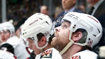 VANCOUVER, BC - JANUARY 16: Phil Kessel #81 of the Arizona Coyotes looks on from the bench during their NHL game against the Vancouver Canucks at Rogers Arena January 16, 2020 in Vancouver, British Columbia, Canada. (Photo by Jeff Vinnick/NHLI via Getty Images)"n