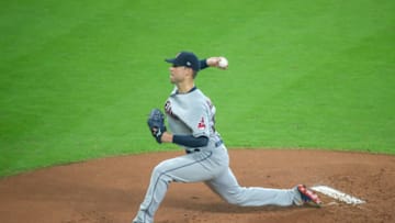 HOUSTON, TX - OCTOBER 05: Cleveland Indians starting pitcher Corey Kluber (28) prepares to deliver a pitch during the ALDS Game 1 between the Cleveland Indians and Houston Astros on October 5, 2018 at Minute Maid Park in Houston, Texas (Photo by Leslie Plaza Johnson/Icon Sportswire via Getty Images)