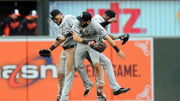 May 1, 2016; Baltimore, MD, USA; Chicago White Sox outfielders Melky Cabrera (53), Adam Eaton (1) and Austin Jackson (10) celebrate after beating the Baltimore Orioles 7-1 at Oriole Park at Camden Yards. Mandatory Credit: Evan Habeeb-USA TODAY Sports