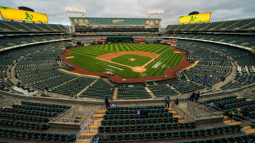 Apr 5, 2021; Oakland, California, USA; Ring Central stadium before the start of the game between Oakland Athletics and Los Angeles Dodgers at RingCentral Coliseum. Mandatory Credit: Neville E. Guard-USA TODAY Sports