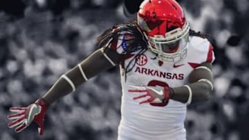 Jan 2, 2016; Memphis, TN, USA; Arkansas Razorbacks running back Alex Collins (3) celebrates in the end zone against the Kansas State Wildcats during the first half at Liberty Bowl. Mandatory Credit: Justin Ford-USA TODAY Sports