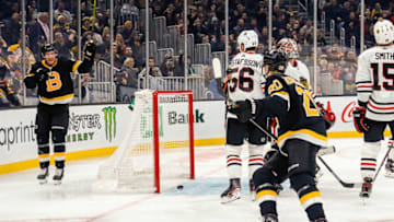 BOSTON, MA - DECEMBER 05: Bruins celebrate goal from Boston Bruins center Joakim Nordstrom (20) during the Chicago Blackhawks and Boston Bruins NHL game on December 5, 2019, at TD Garden in Boston, MA. (Photo by John Crouch/Icon Sportswire via Getty Images)