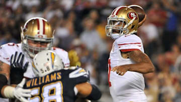Sep 1, 2016; San Diego, CA, USA; San Francisco 49ers quarterback Colin Kaepernick (7) throws a pass as San Diego Chargers outside linebacker Tourek Williams (58) pressures during the first half of the game at Qualcomm Stadium. Mandatory Credit: Orlando Ramirez-USA TODAY Sports