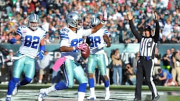 October 20, 2013; Philadelphia, PA, USA; Dallas Cowboys wide receiver Terrance Williams (83) celebrates a touchdown against the Philadelphia Eagles during the second half action at Lincoln Financial Field. Mandatory Credit: Jeffrey Pittenger