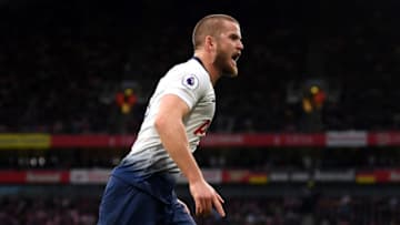 LONDON, ENGLAND - DECEMBER 02: Eric Dier of Tottenham Hotspur celebrates after scoring his team's first goal during the Premier League match between Arsenal FC and Tottenham Hotspur at Emirates Stadium on December 1, 2018 in London, United Kingdom. (Photo by Shaun Botterill/Getty Images)