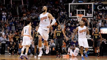 Jan 23, 2016; Phoenix, AZ, USA; Phoenix Suns center Tyson Chandler (4) celebrates after making a basket against the Atlanta Hawks in the second half at Talking Stick Resort Arena. The Suns won 98-95. Mandatory Credit: Jennifer Stewart-USA TODAY Sports